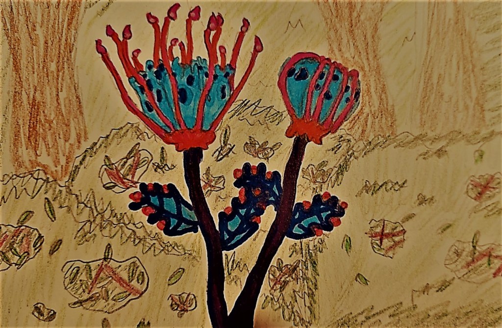 A colorful drawing of creepy carnivorous flowers.