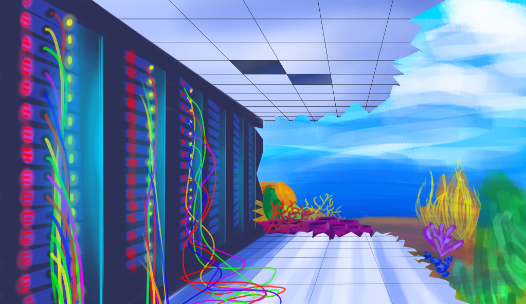 A digital drawing of a server room changing into a  sea bottom.